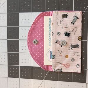 Gift Card Holder Reusable Lined Sewing Print Fabric Washable Gray Snaps Closed